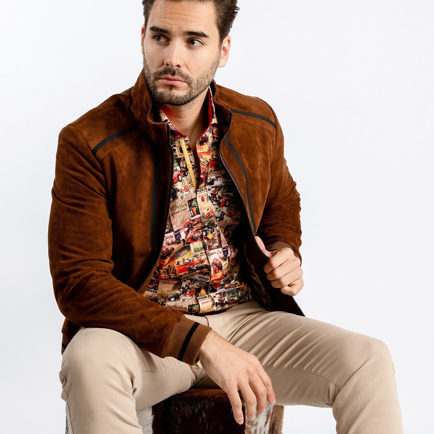 RACER SUEDE BOMBER JACKET - Premium Men's Patterned Shirt by Claudio Lugli | Bold Design, Tailored Fit, Best Printed Shirts