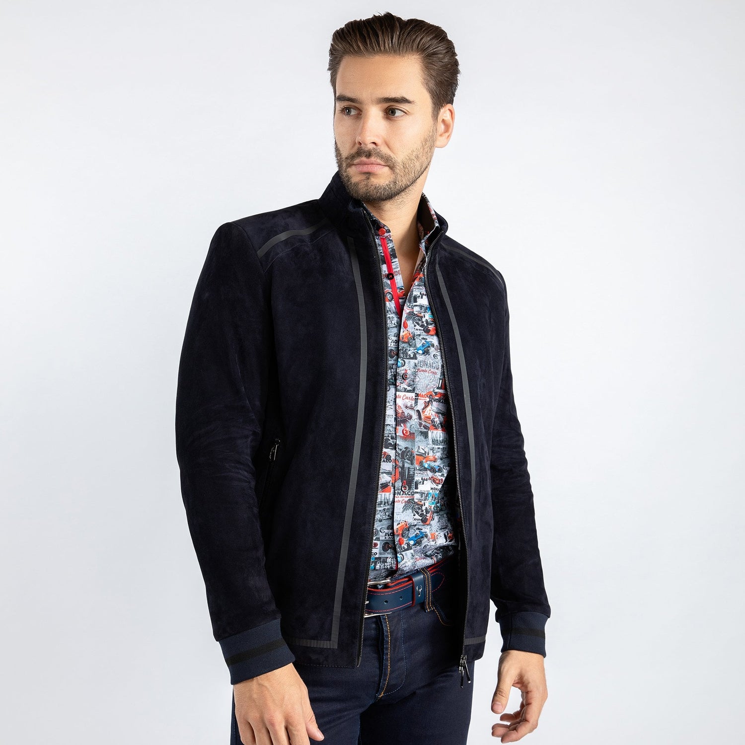 RACER SUEDE BOMBER JACKET - Premium Men's Patterned Shirt by Claudio Lugli | Bold Design, Tailored Fit, Best Printed Shirts
