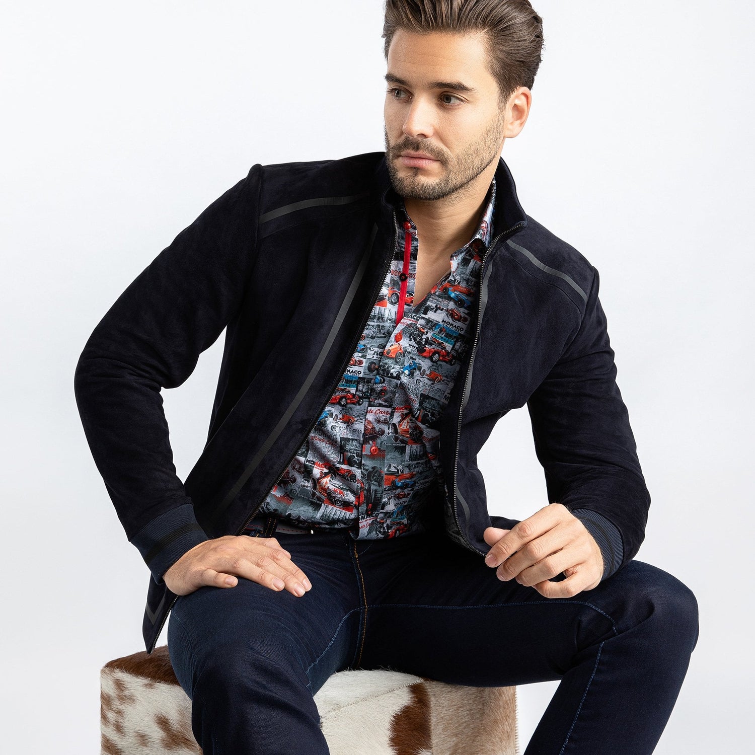 RACER SUEDE BOMBER JACKET - Premium Men's Patterned Shirt by Claudio Lugli | Bold Design, Tailored Fit, Best Printed Shirts
