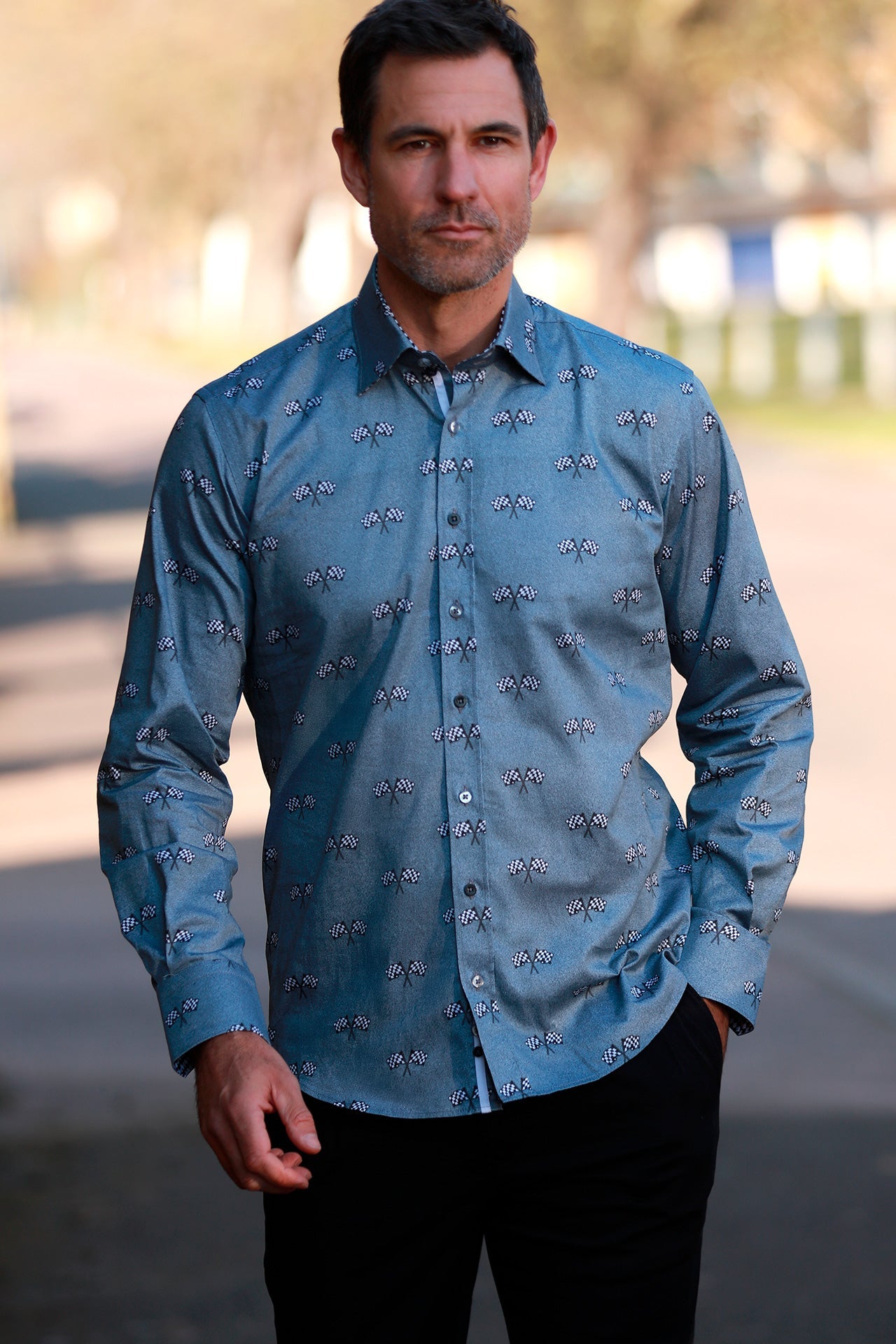 RACING FLAG MOTORSPORT PRINT SHIRT – Premium Men's Patterned Shirt by Claudio Lugli | Bold Design, Tailored Fit, Best Printed Shirts