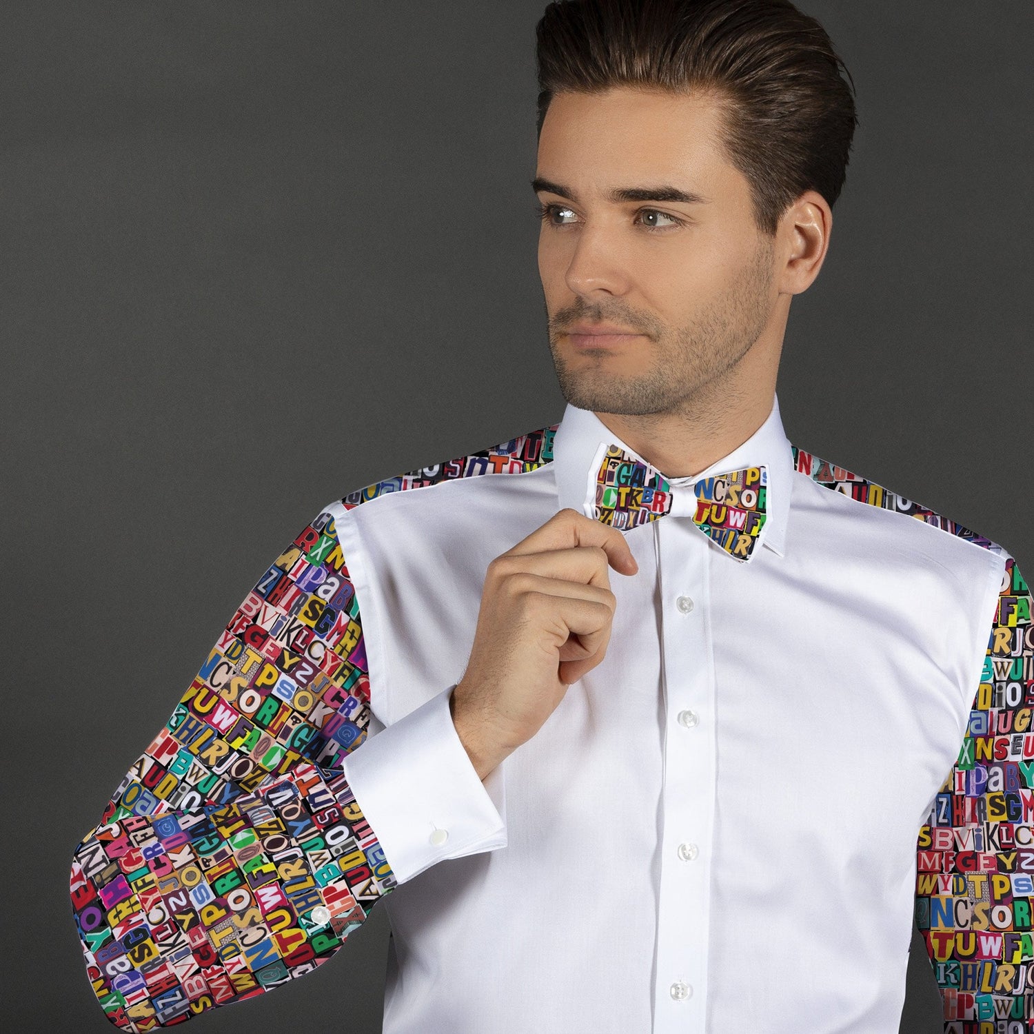 RANSOM TEXT PRINTED TUXEDO SHIRT WITH BOWTIE - Premium Men's Patterned Shirt by Claudio Lugli | Bold Design, Tailored Fit, Best Printed Shirts