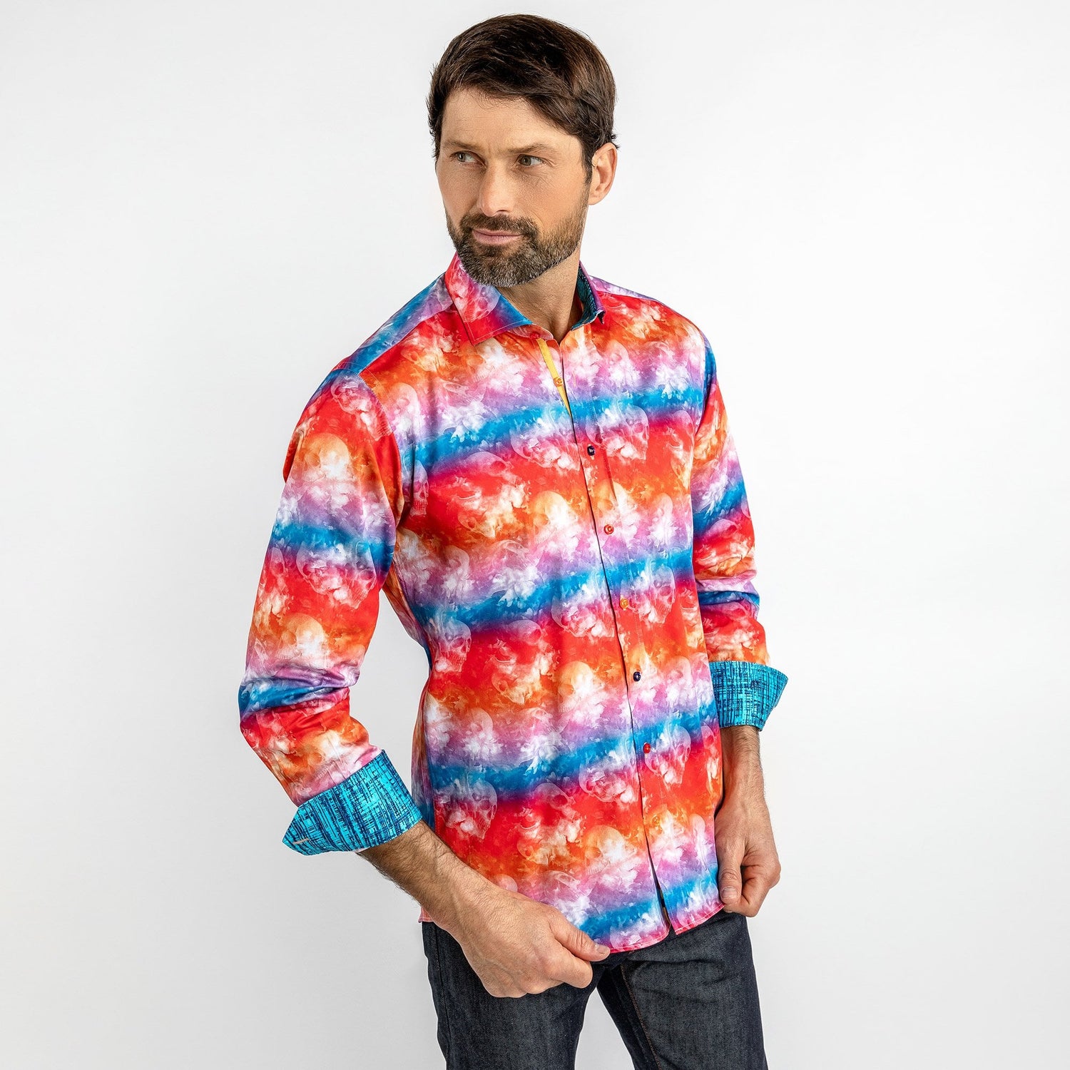 RED TIE DYE SKULLS PRINT SHIRT - Premium Men's Patterned Shirt by Claudio Lugli | Bold Design, Tailored Fit, Best Printed Shirts