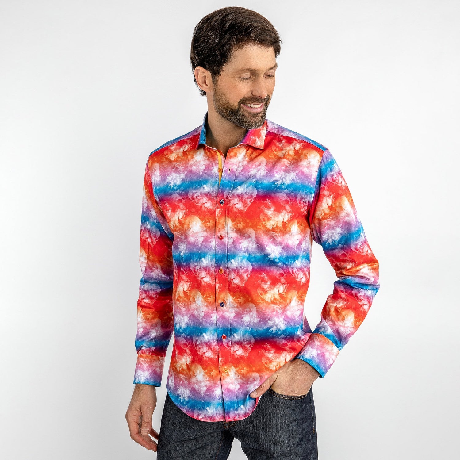 RED TIE DYE SKULLS PRINT SHIRT - Premium Men's Patterned Shirt by Claudio Lugli | Bold Design, Tailored Fit, Best Printed Shirts