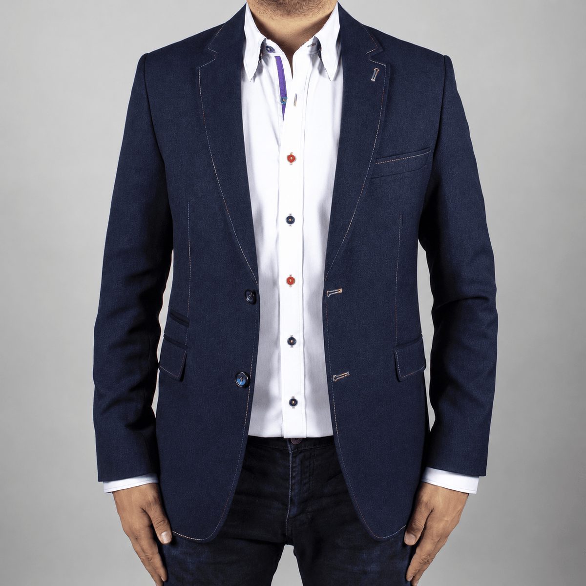 Bursts of multicolour stitch work trace the clean tailored lines of this fitted men's jacket.