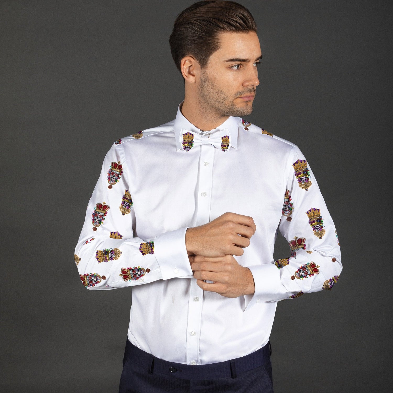 SKULL KING PRINTED TUXEDO SHIRT WITH BOWTIE - Premium Men's Patterned Shirt by Claudio Lugli | Bold Design, Tailored Fit, Best Printed Shirts