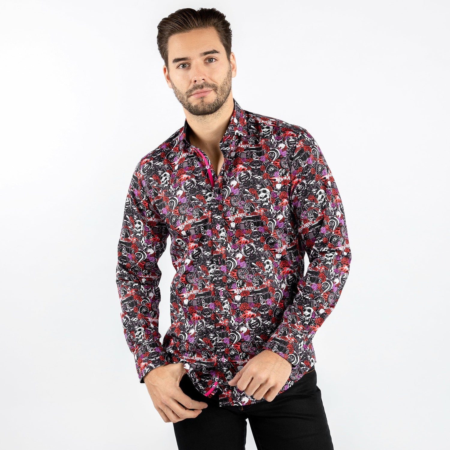 SKULL RETRO ROSES TATTOO PRINT SHIRT - Premium Men's Patterned Shirt by Claudio Lugli | Bold Design, Tailored Fit, Best Printed Shirts