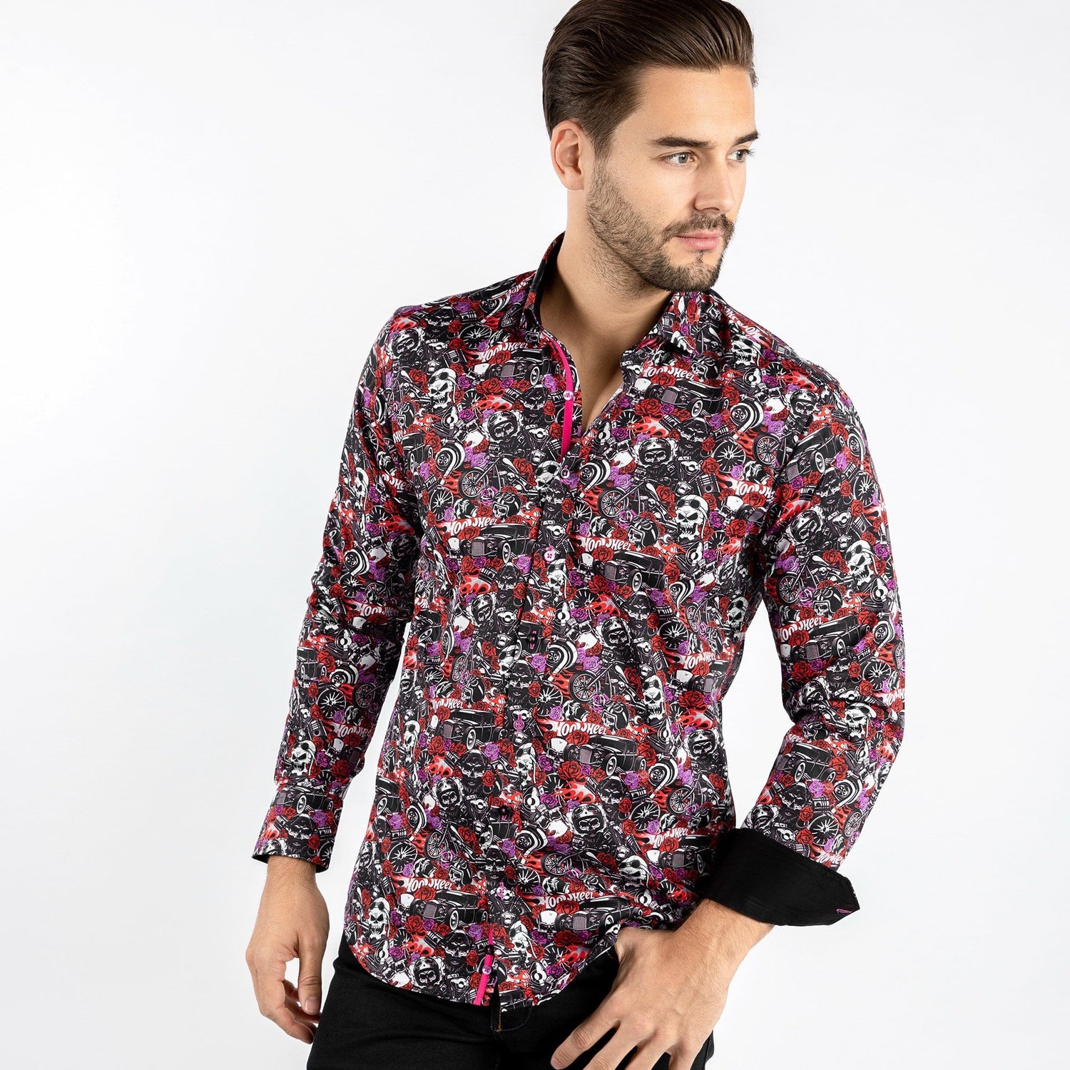 SKULL RETRO ROSES TATTOO PRINT SHIRT - Premium Men's Patterned Shirt by Claudio Lugli | Bold Design, Tailored Fit, Best Printed Shirts