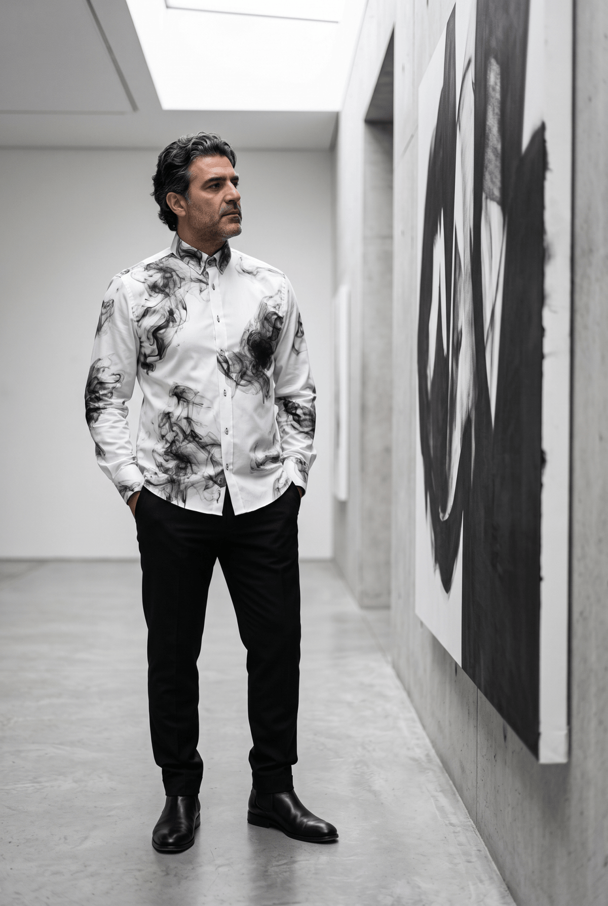 A contrast placket and vibrant buttons lift the smoke print, in nine sizes from small through to 6XL.