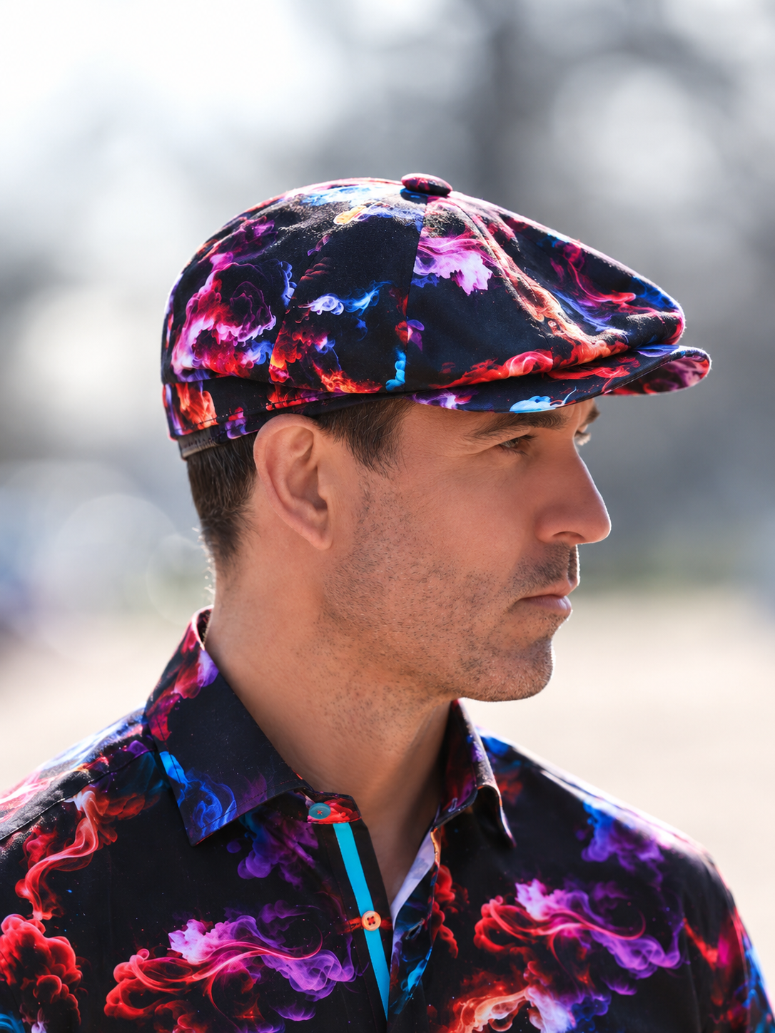Claudio Lugli Smoke Printed Button-Top Cap, black multicolour smoke print button-top cap worn outdoors, side view