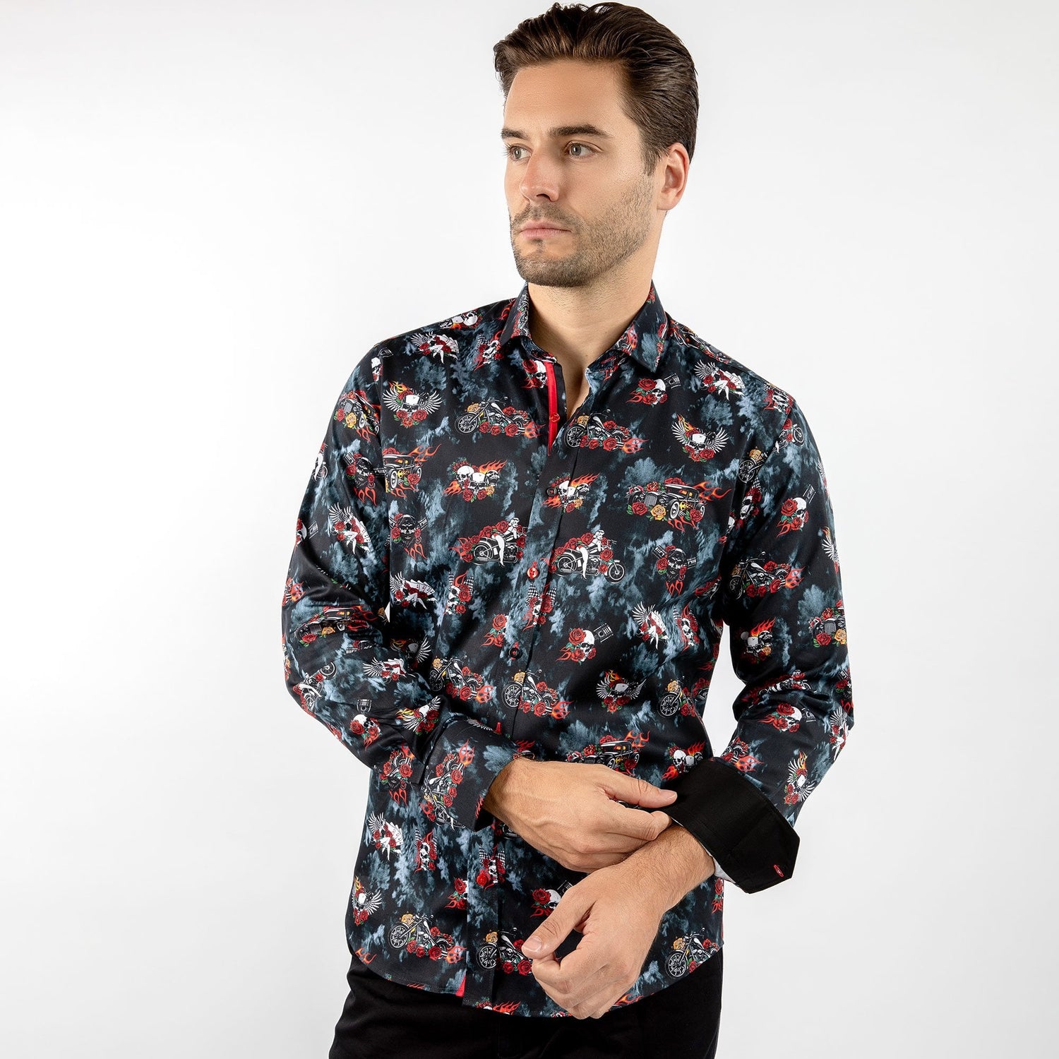 SMOKING SKULL BIKER PRINT SHIRT - Premium Men's Patterned Shirt by Claudio Lugli | Bold Design, Tailored Fit, Best Printed Shirts