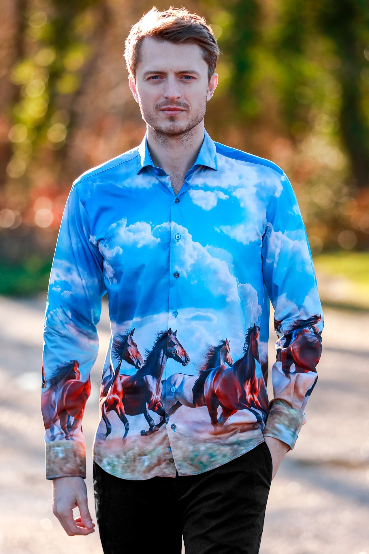 STALLION SUNRISE PLACEMENT PRINT - Premium Men's Patterned Shirt by Claudio Lugli | Bold Design, Tailored Fit, Best Printed Shirts