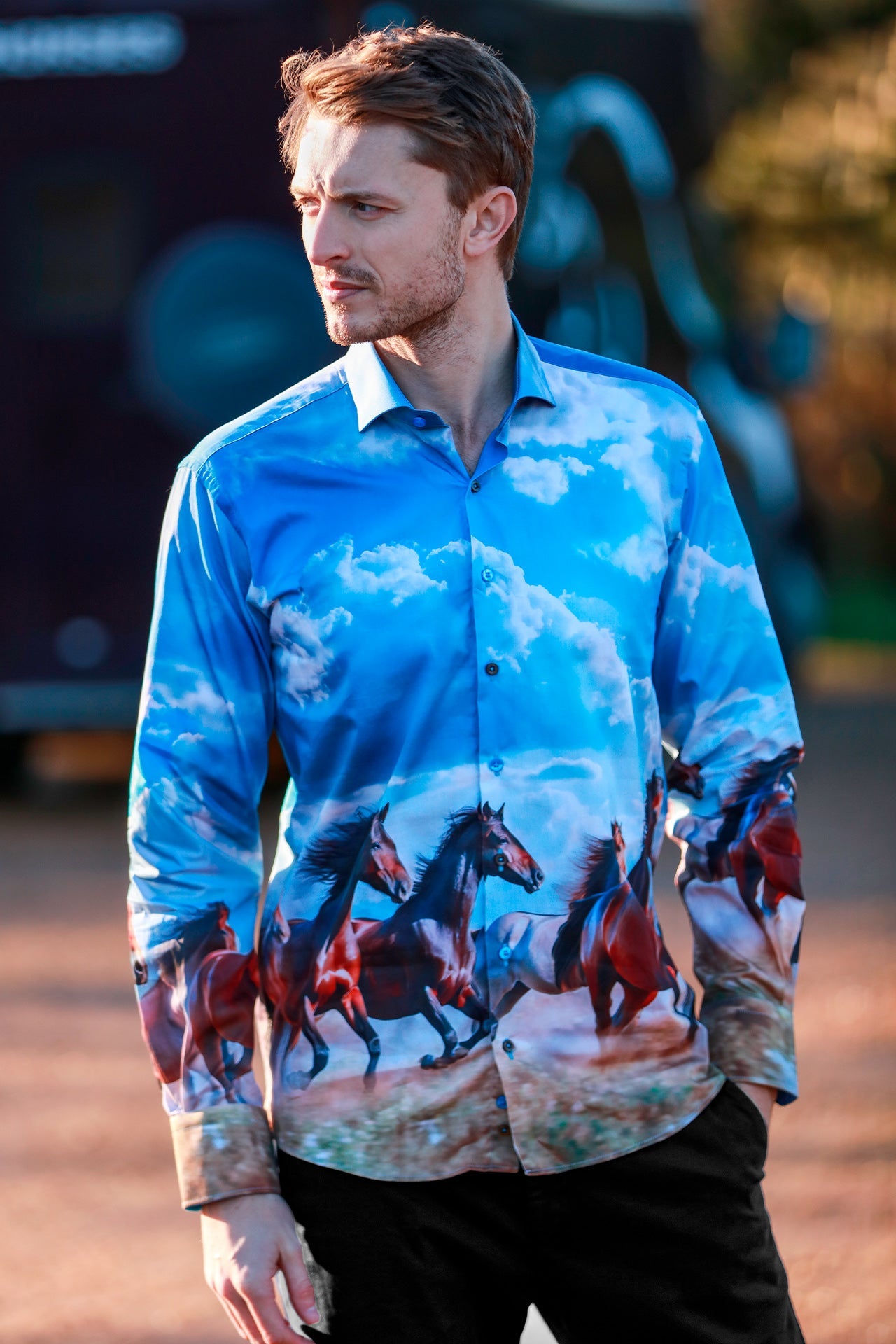STALLION SUNRISE PLACEMENT PRINT - Premium Men's Patterned Shirt by Claudio Lugli | Bold Design, Tailored Fit, Best Printed Shirts