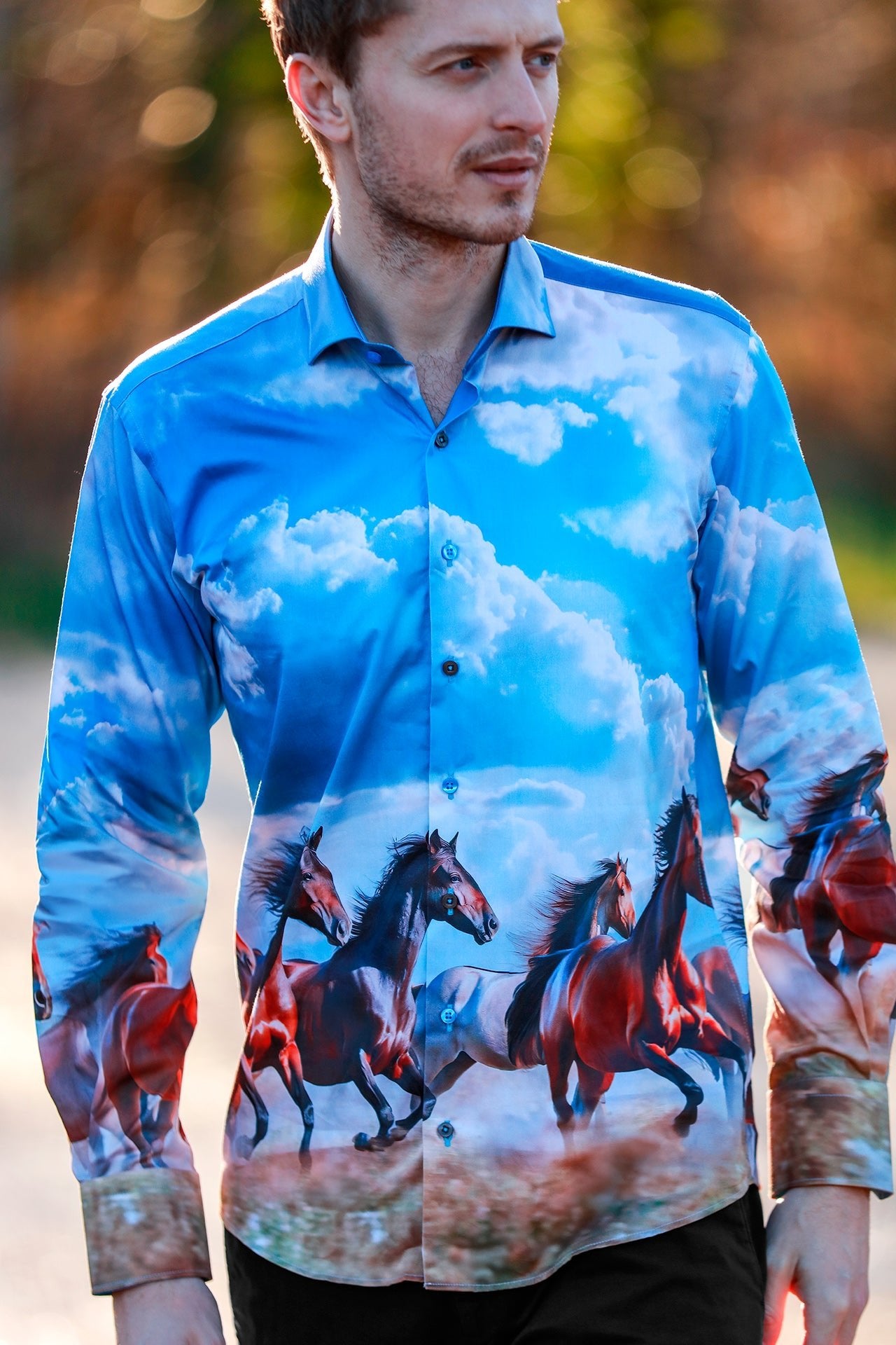 STALLION SUNRISE PLACEMENT PRINT - Premium Men's Patterned Shirt by Claudio Lugli | Bold Design, Tailored Fit, Best Printed Shirts