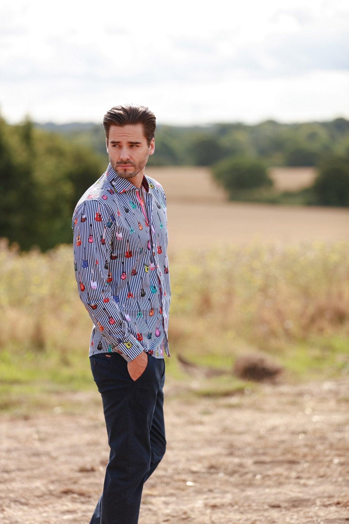 STRIPE GUITAR MEN PRINT SHIRT - Premium Men's Patterned Shirt by Claudio Lugli | Bold Design, Tailored Fit, Best Printed Shirts