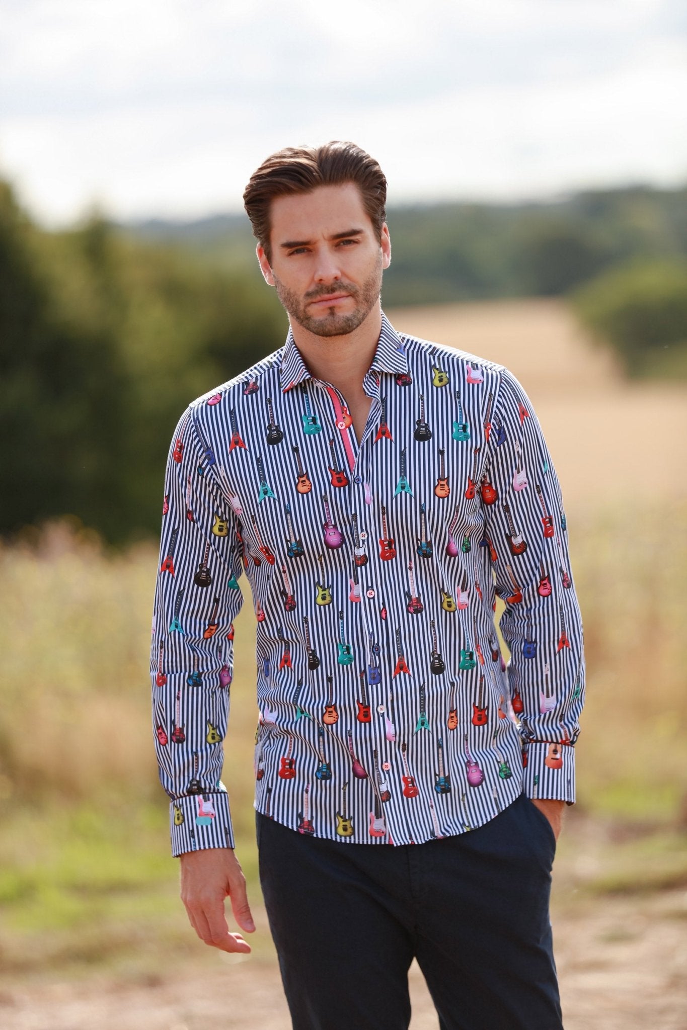 STRIPE GUITAR MEN PRINT SHIRT - Premium Men's Patterned Shirt by Claudio Lugli | Bold Design, Tailored Fit, Best Printed Shirts