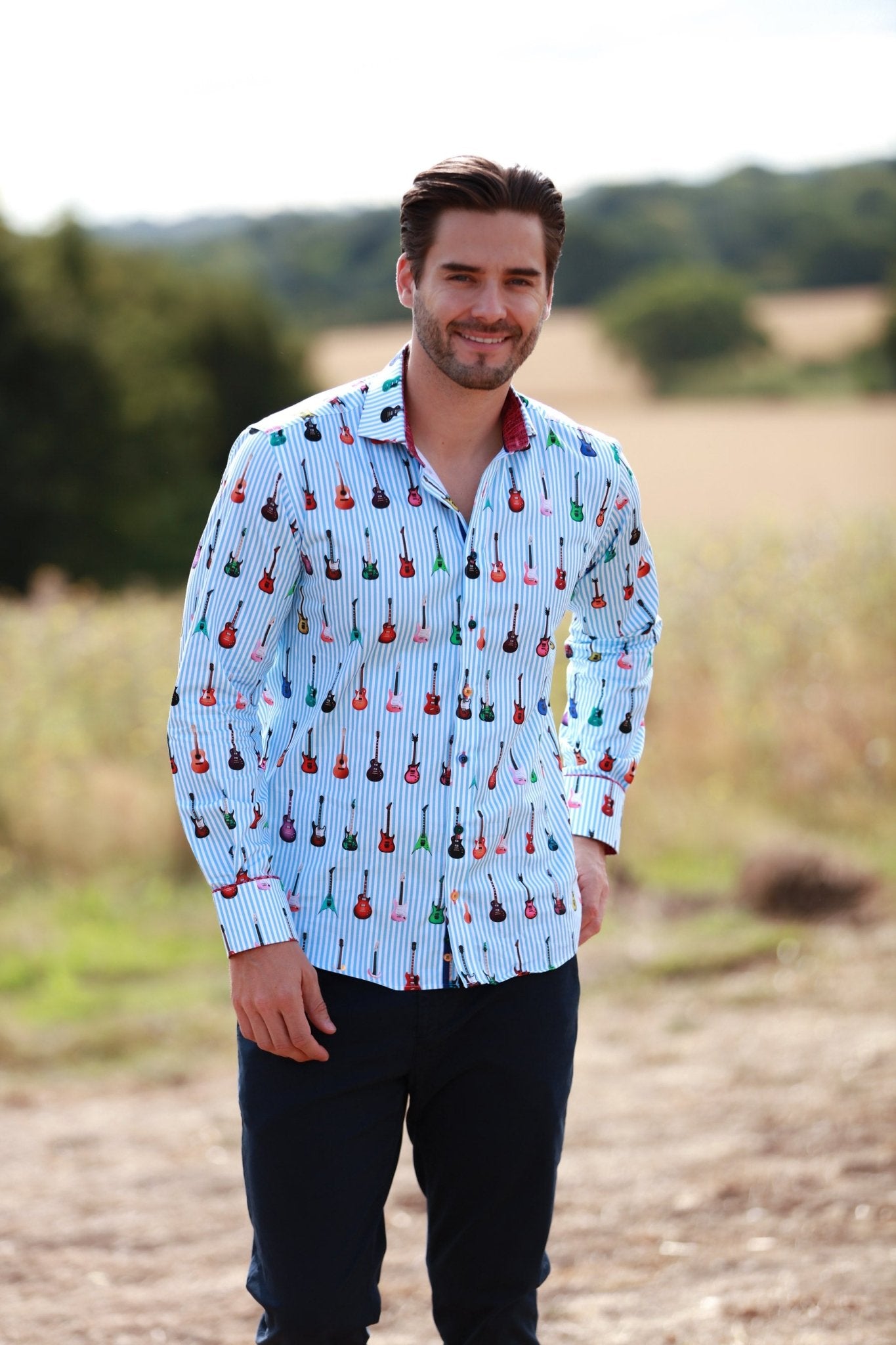 STRIPE GUITAR MEN PRINT SHIRT - Premium Men's Patterned Shirt by Claudio Lugli | Bold Design, Tailored Fit, Best Printed Shirts