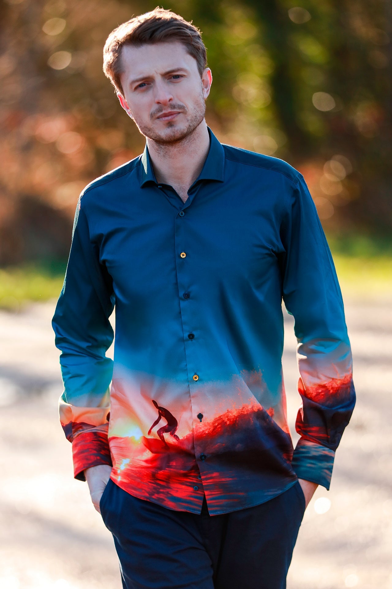 SURFER RIDER OF THE CRIMSON WAVE PLACEMENT PRINT SHIRT - Premium Men's Patterned Shirt by Claudio Lugli | Bold Design, Tailored Fit, Best Printed Shirts