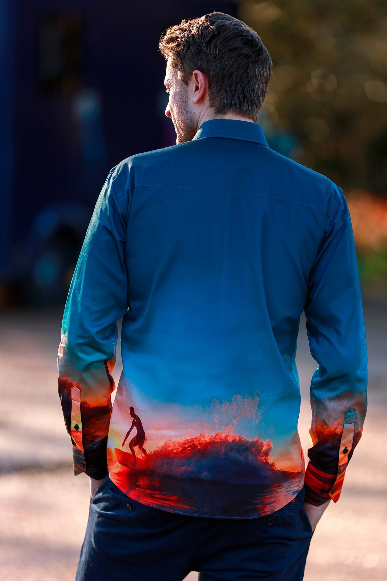 SURFER RIDER OF THE CRIMSON WAVE PLACEMENT PRINT SHIRT - Premium Men's Patterned Shirt by Claudio Lugli | Bold Design, Tailored Fit, Best Printed Shirts