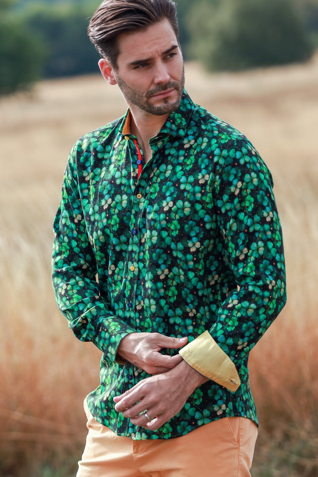 TENCEL FOUR LEAF CLOVER EMERALD PRINT SHIRT - Claudio Lugli Shirts