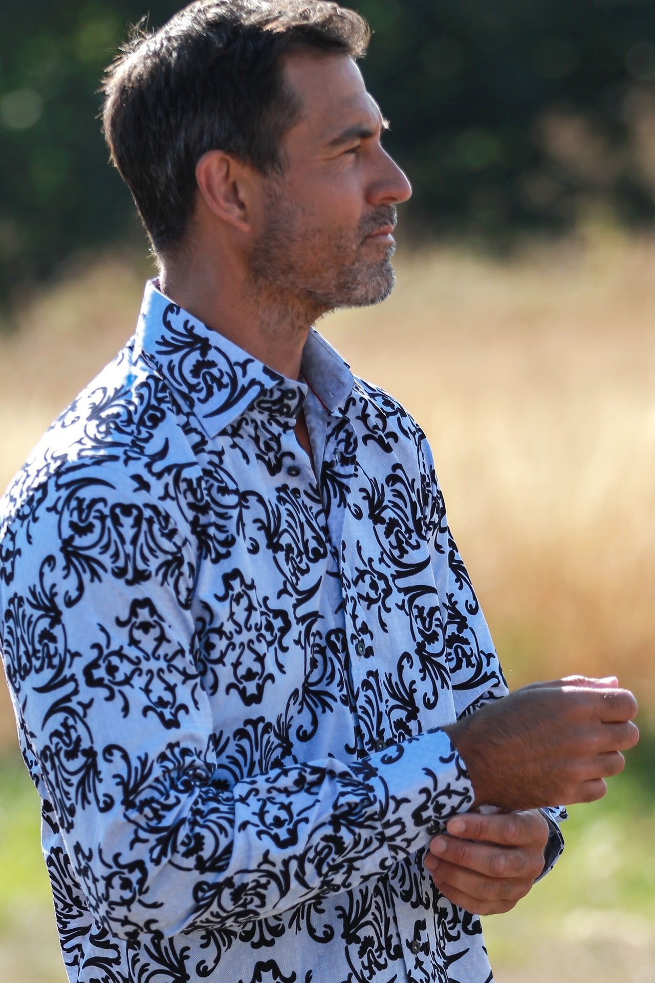 トップス Flocky Print Regular Collar Shirt Coat Luxury Sky Blue Floral Flocking Shirt - Premium Cotton Velvet