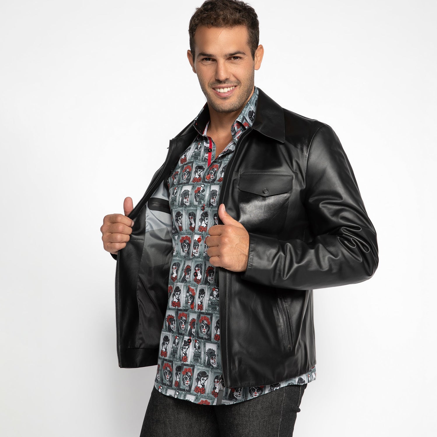 The Jet Black Leather Jacket - Premium Men's Patterned Shirt by Claudio Lugli | Bold Design, Tailored Fit, Best Printed Shirts