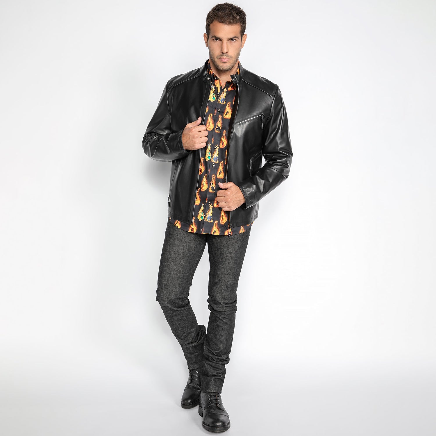 The Nero Luxe Leather Jacket - Premium Men's Patterned Shirt by Claudio Lugli | Bold Design, Tailored Fit, Best Printed Shirts