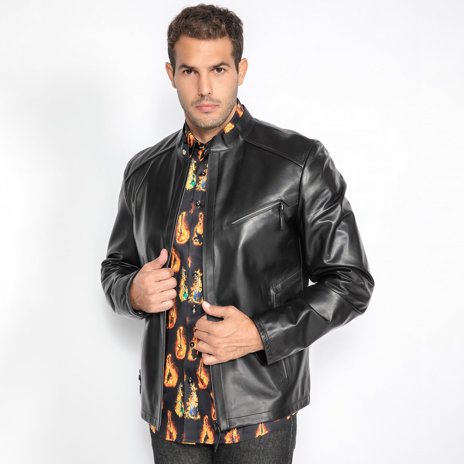 The Nero Luxe Leather Jacket - Premium Men's Patterned Shirt by Claudio Lugli | Bold Design, Tailored Fit, Best Printed Shirts