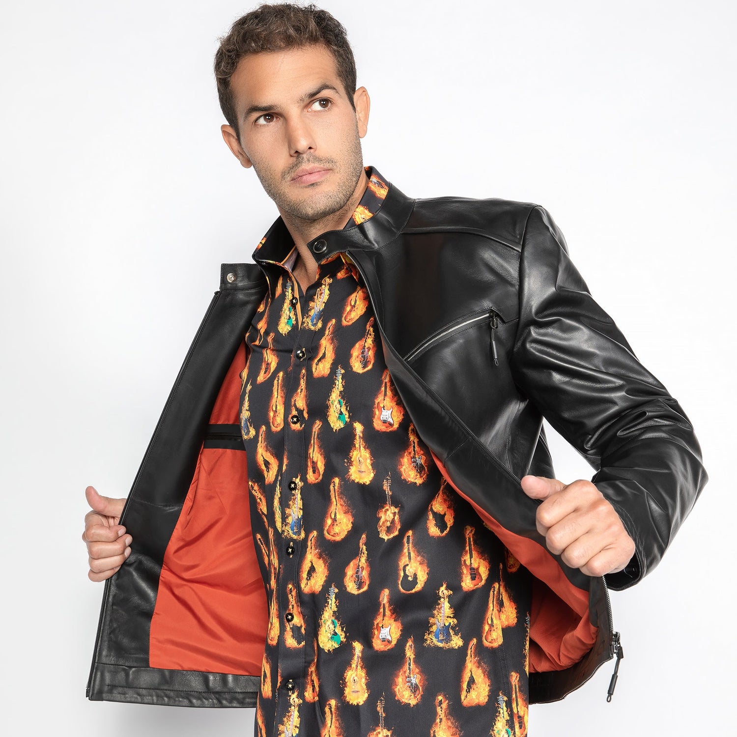 The Nero Luxe Leather Jacket - Premium Men's Patterned Shirt by Claudio Lugli | Bold Design, Tailored Fit, Best Printed Shirts