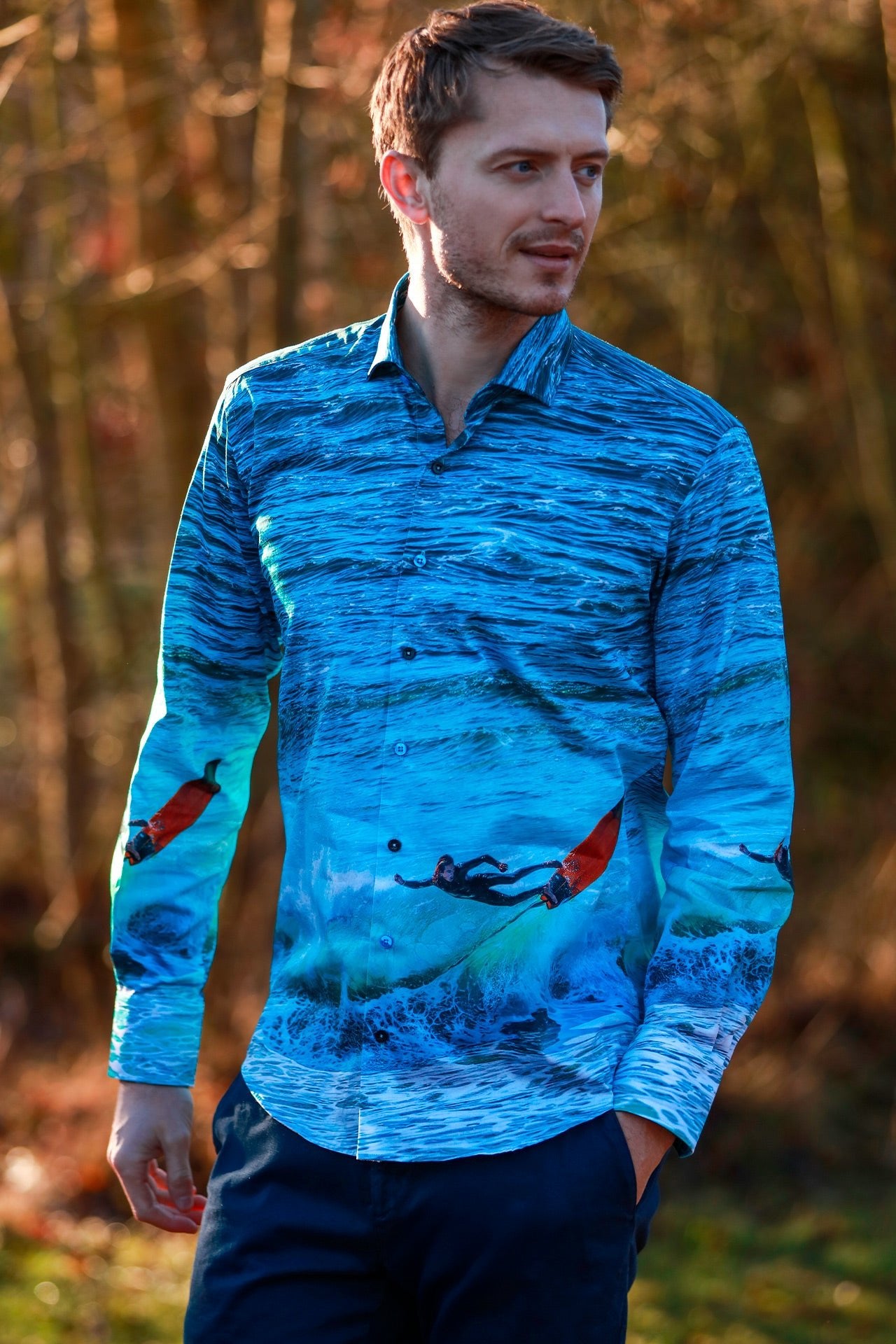 THE WAVE RIDER SURFING PLACEMENT PRINT SHIRT – Premium Men's Patterned Shirt by Claudio Lugli | Bold Design, Tailored Fit, Best Printed Shirts
