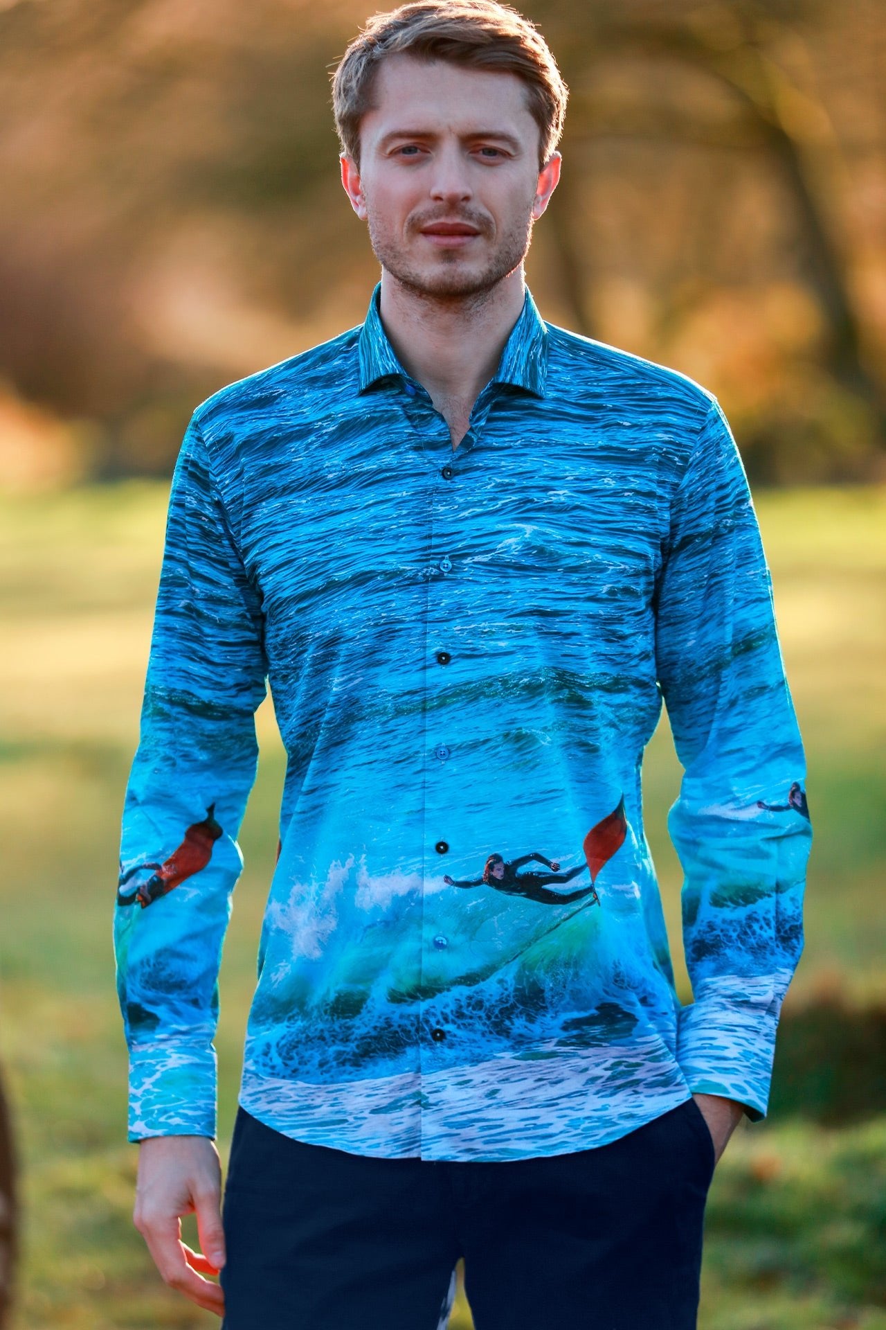 THE WAVE RIDER SURFING PLACEMENT PRINT SHIRT – Premium Men's Patterned Shirt by Claudio Lugli | Bold Design, Tailored Fit, Best Printed Shirts