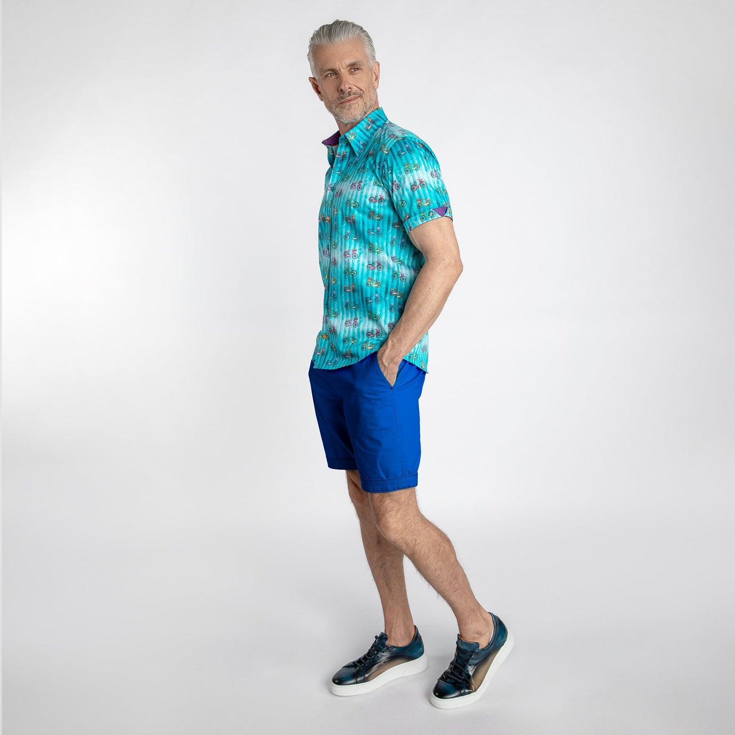 TIE DIE STRIPE WITH BICYCLES PRINT SHORT SLEEVE SHIRT - Premium Men's Patterned Shirt by Claudio Lugli | Bold Design, Tailored Fit, Best Printed Shirts