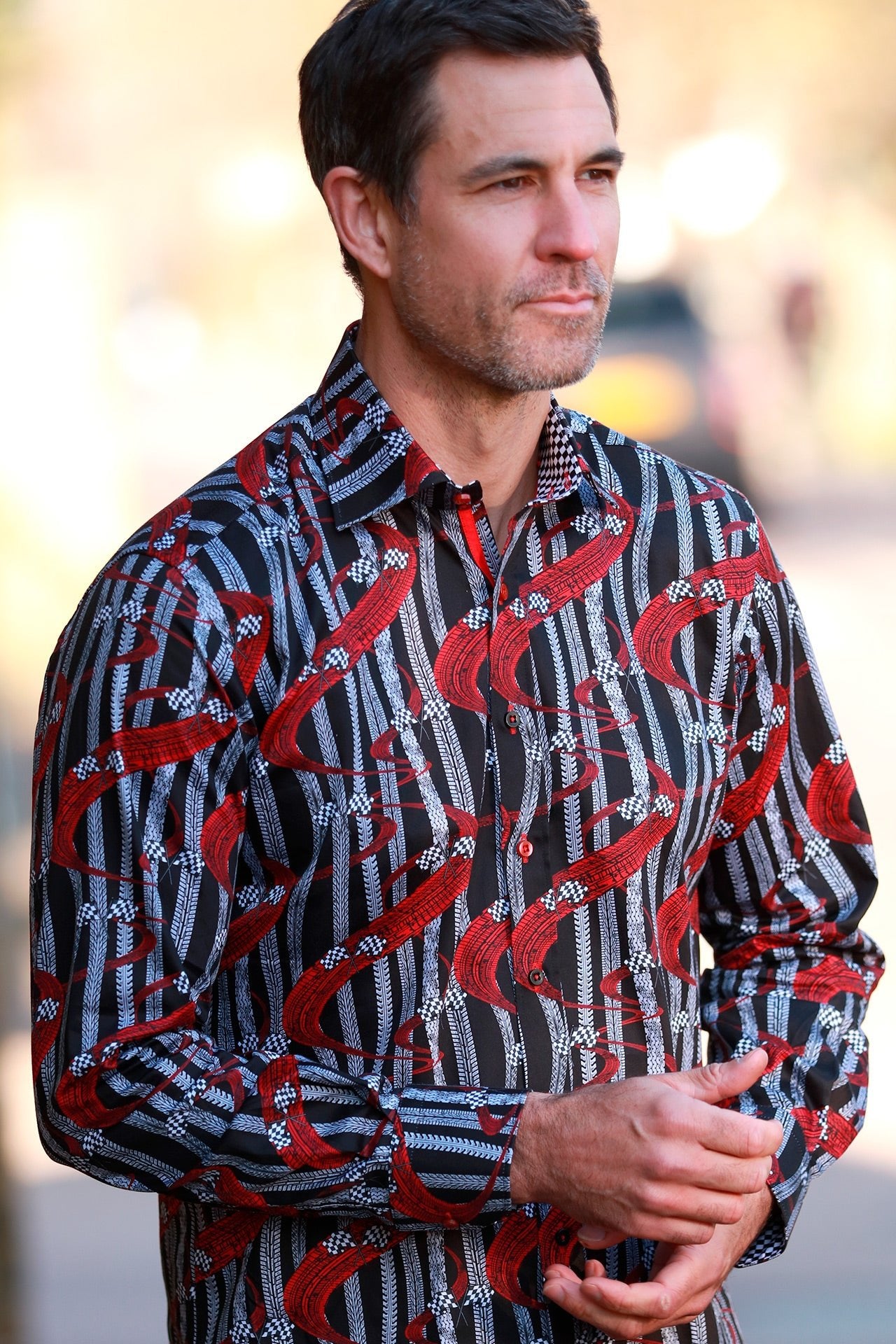 TYRE TRACK AND RACING FLAGS PRINT SHIRT - Claudio Lugli Shirts