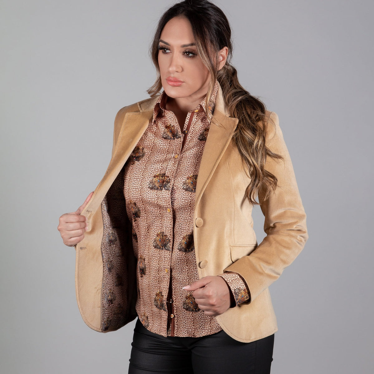 Claudio Lugli California Velvet Womens Jacket, golden tan jacket, open front view over printed shirt