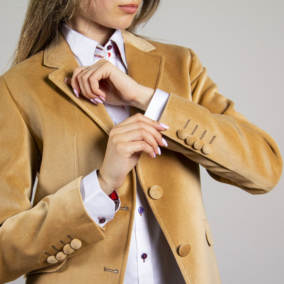 Claudio Lugli California Velvet Womens Jacket, golden tan jacket, buttons and cuff detail