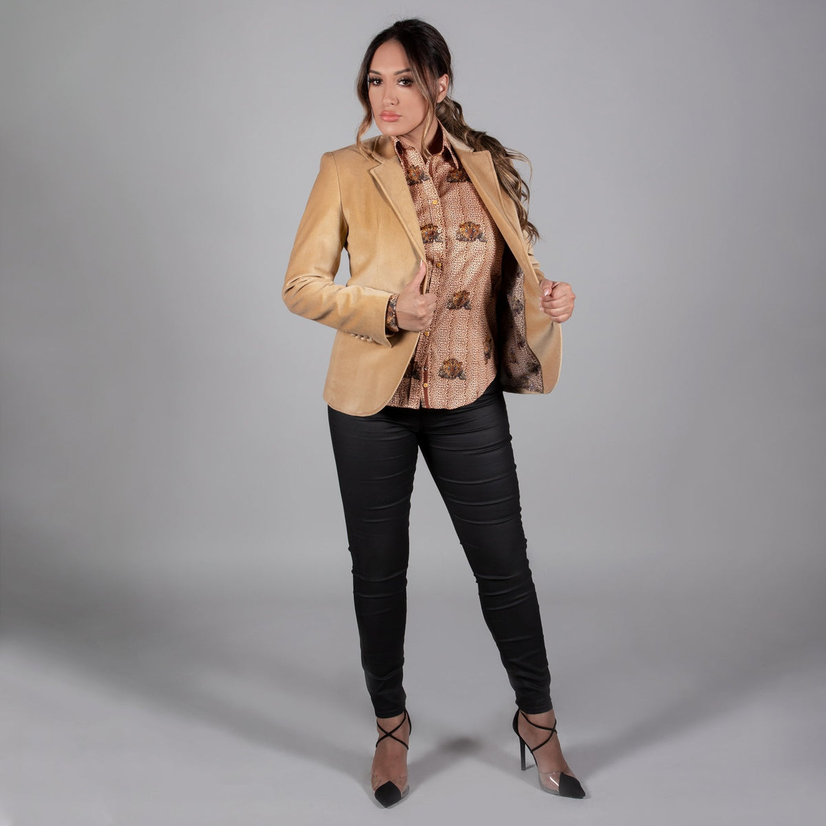 Claudio Lugli California Velvet Womens Jacket, golden tan jacket, full outfit with black trousers