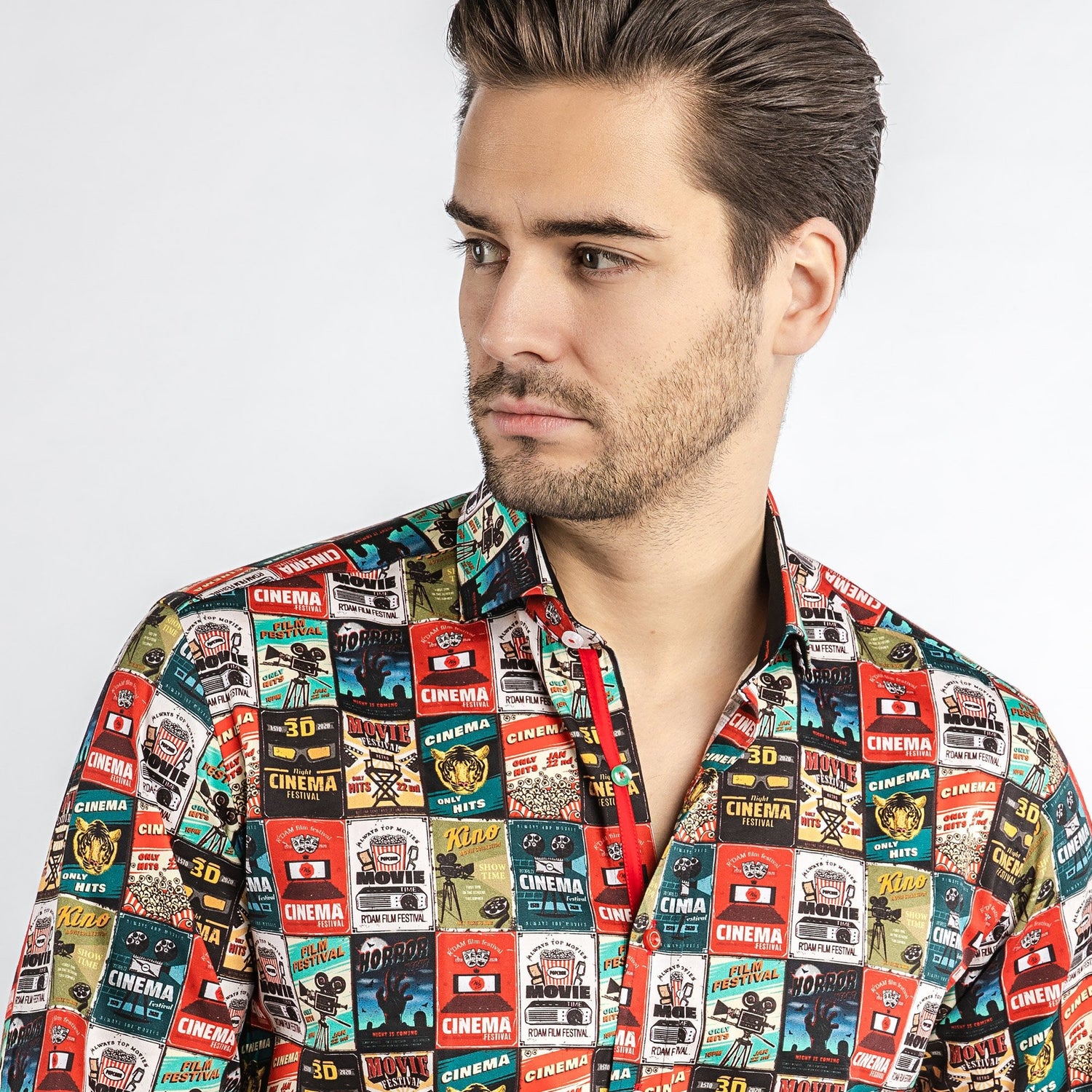 VINTAGE CINEMA AND MOVIE POSTER PRINT SHIRT - Premium Men's Patterned Shirt by Claudio Lugli | Bold Design, Tailored Fit, Best Printed Shirts