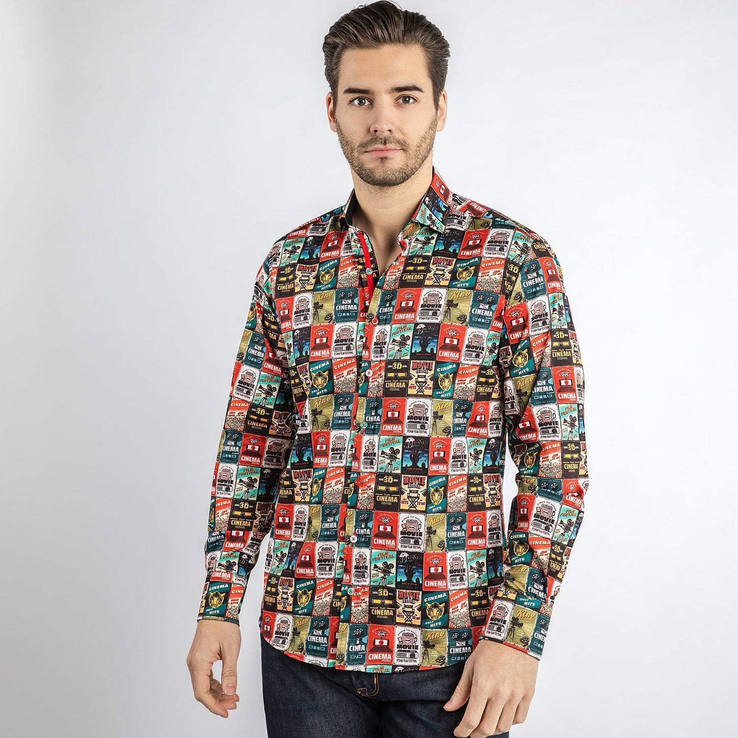 VINTAGE CINEMA AND MOVIE POSTER PRINT SHIRT - Premium Men's Patterned Shirt by Claudio Lugli | Bold Design, Tailored Fit, Best Printed Shirts