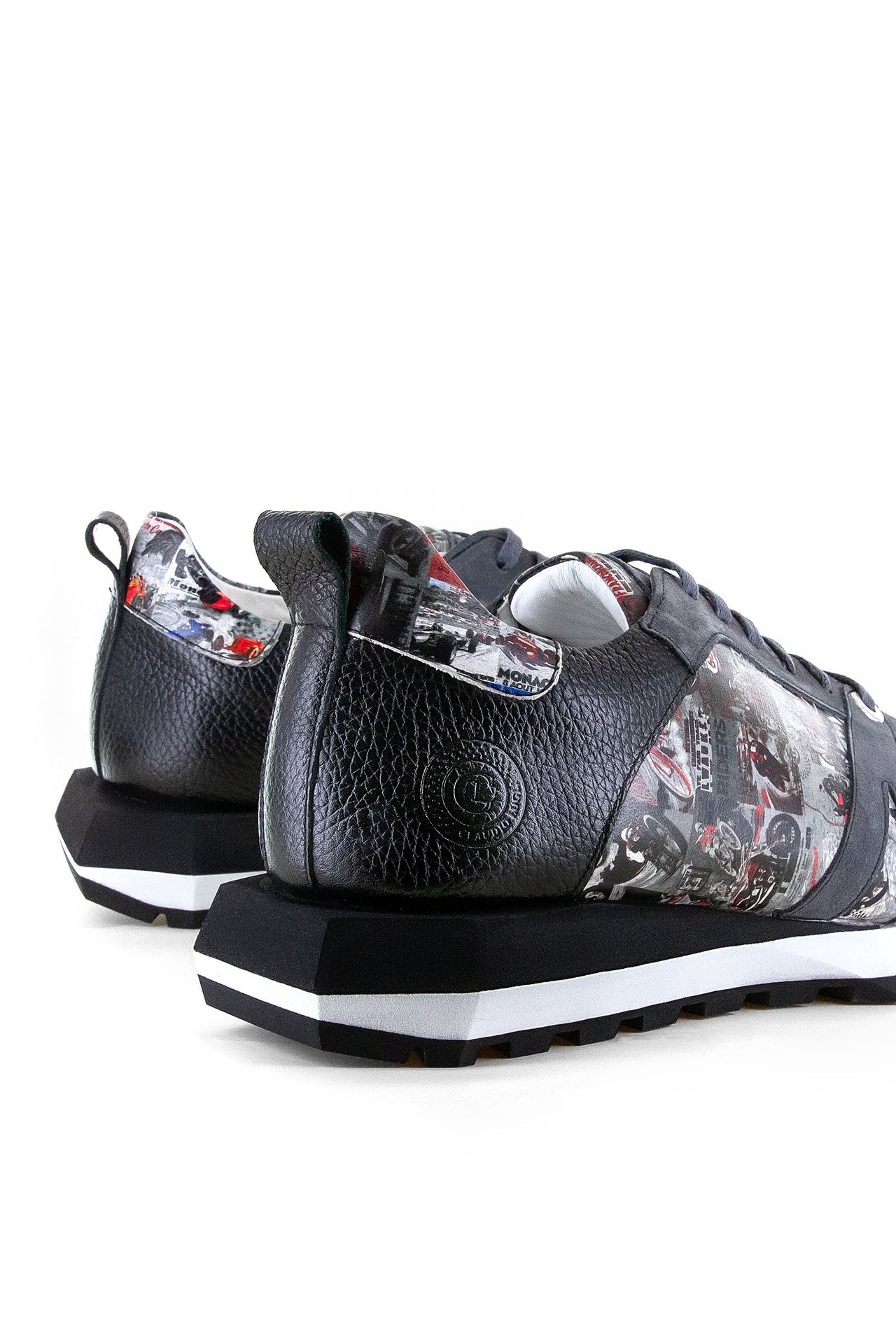 VINTAGE MOTORBIKE PRINTED LEATHER AND SUEDE TRAINERS - Premium Men's Patterned Shirt by Claudio Lugli | Bold Design, Tailored Fit, Best Printed Shirts