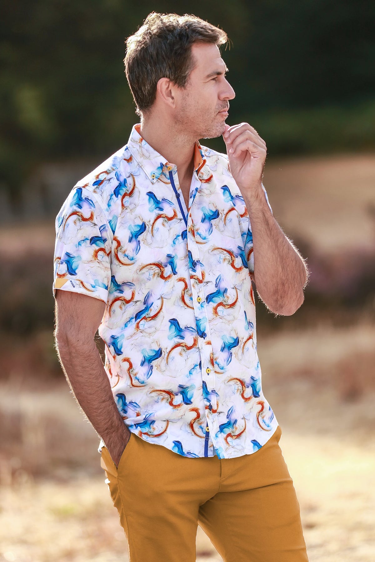 Claudio Lugli Watercolour Wash Print Short Sleeve Shirt, white watercolour shirt, side front view
