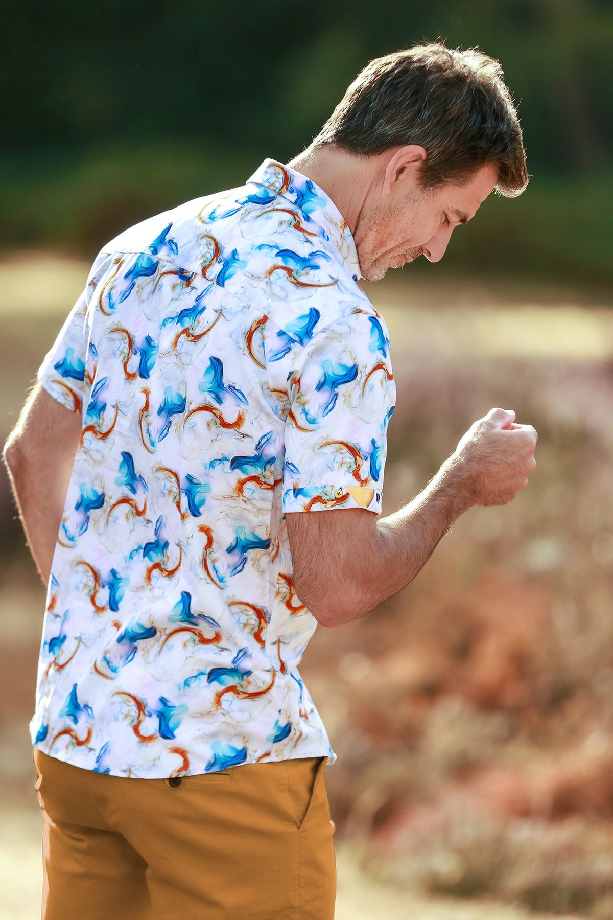 Claudio Lugli Watercolour Wash Print Short Sleeve Shirt, white watercolour shirt, rear three-quarter view