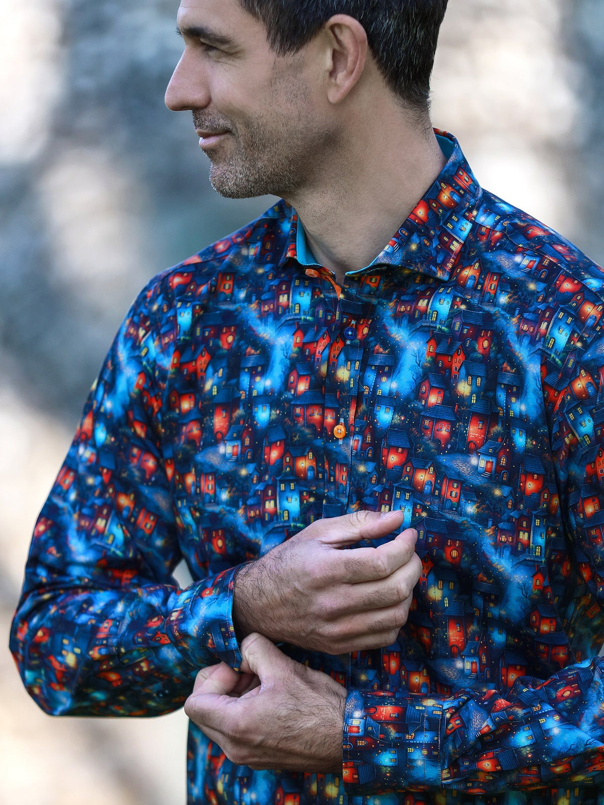 Whimsical Village Print Satin Cotton Shirt - Claudio Lugli Shirts