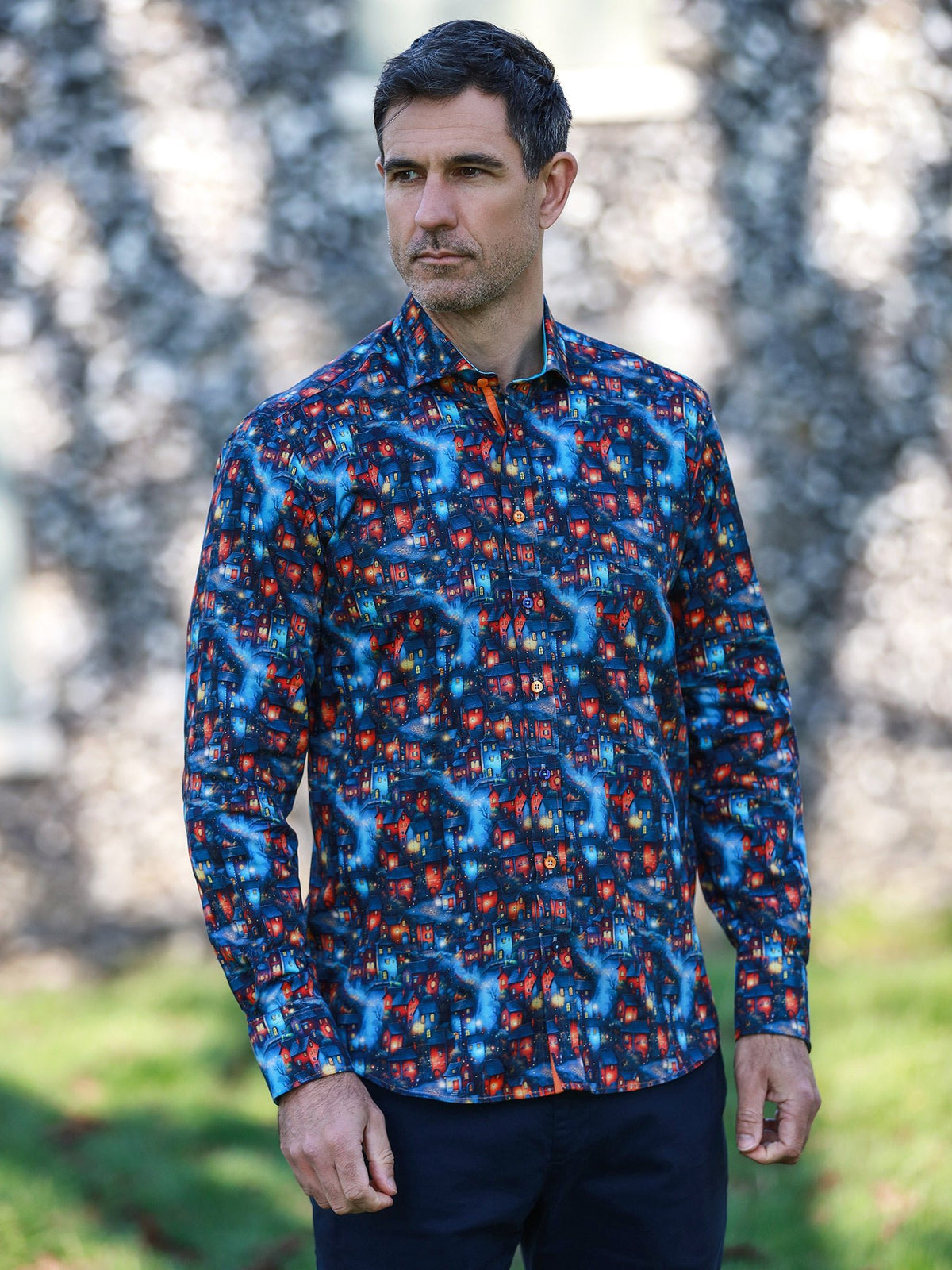 Whimsical Village Print Satin Cotton Shirt - Claudio Lugli Shirts