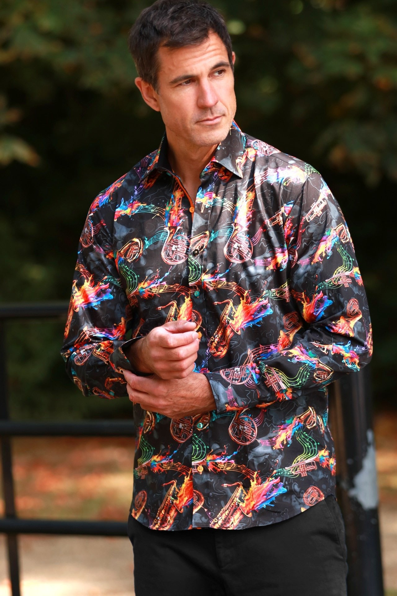 WIND INSTRUMENTS AND PAINT SPLASH PRINT SHIRT – Premium Men's Patterned Shirt by Claudio Lugli | Bold Design, Tailored Fit, Best Printed Shirts