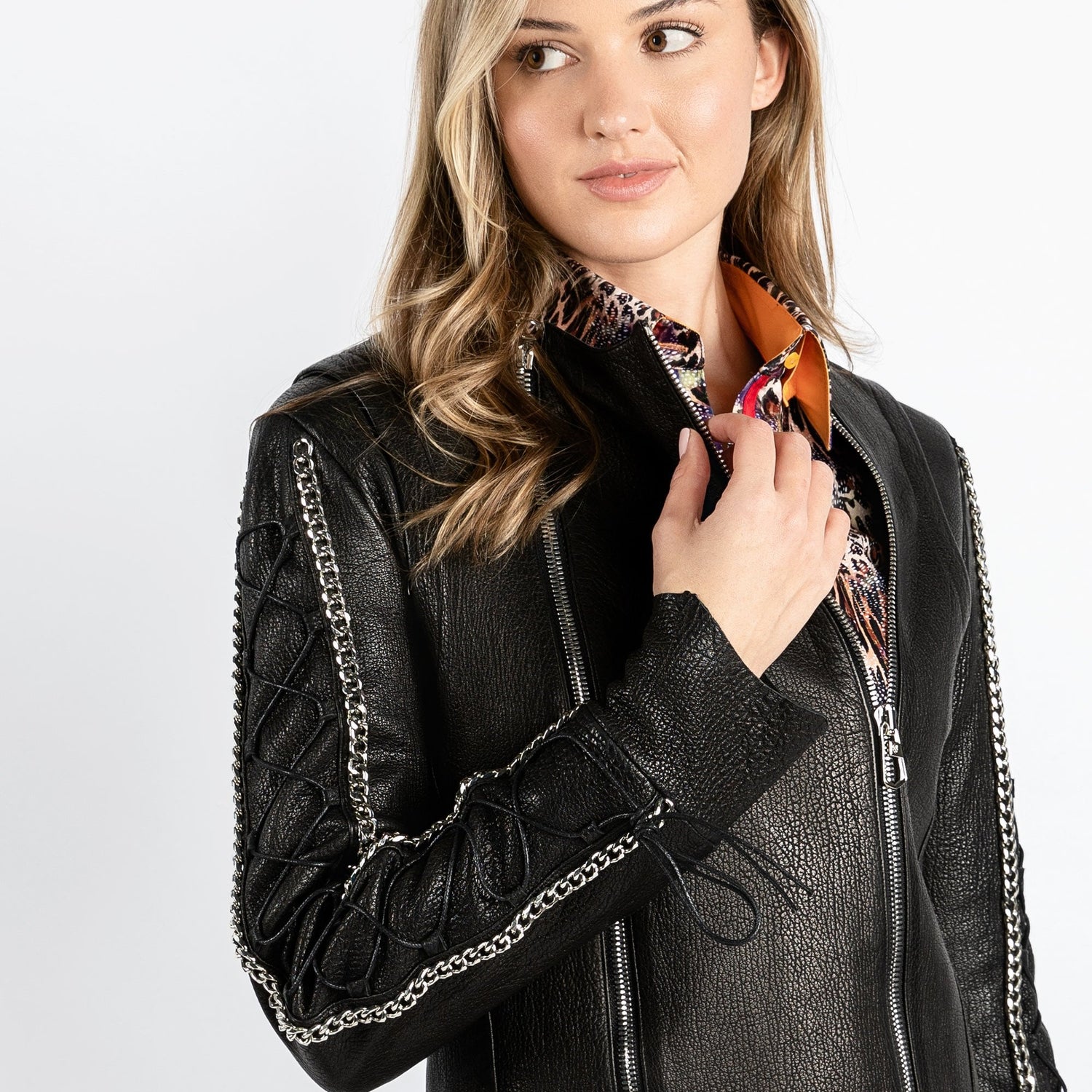 WOMENS FITTED LEATHER JACKET WITH CHAINS – Premium Men's Patterned Shirt by Claudio Lugli | Bold Design, Tailored Fit, Best Printed Shirts