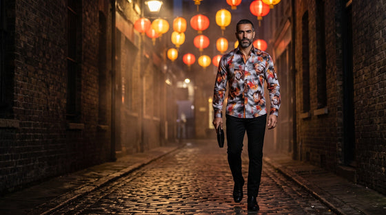 Dragon print shirt men: Middle Eastern man late 30s, grey-flecked beard, mid-stride toward camera in a lantern-lit alley at night, low angle, Claudio Lugli Dragon Fire shirt buttoned to the collar, black trousers and boots