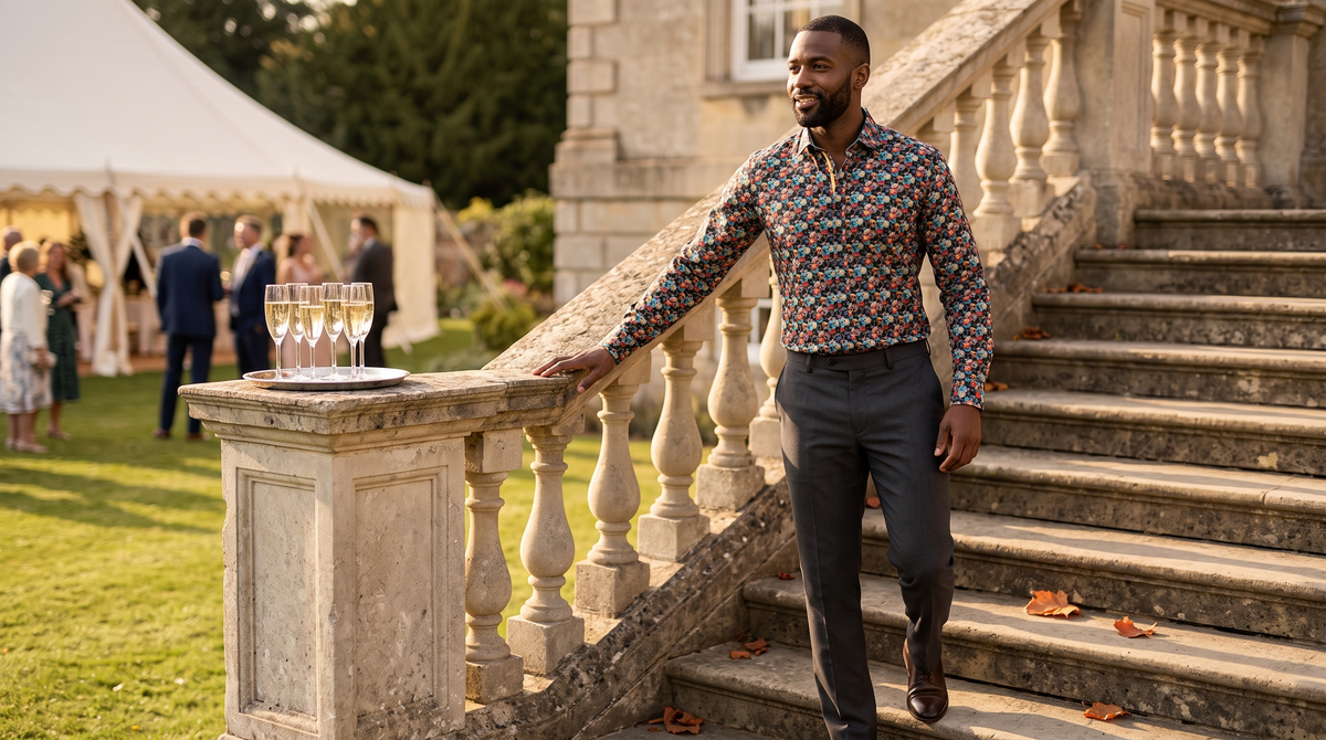 What to wear to a September wedding: a guest in the Claudio Lugli Winter Rose Bouquet dark floral print shirt on the steps of an English country house at an autumn wedding