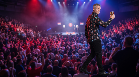 What to wear to the darts: a fan raising a pint in the Claudio Lugli Dartboard Pinup print shirt in a packed darts arena under red and blue stage lights