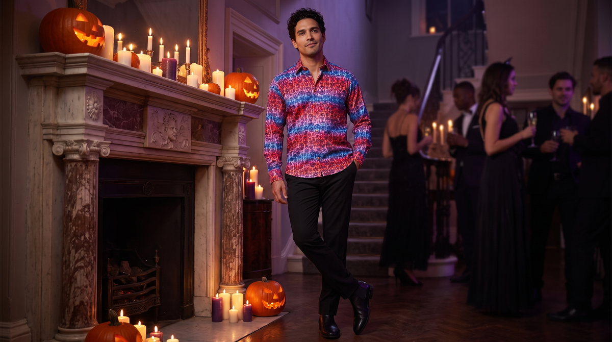 Halloween outfits for men without a costume: a guest in the Claudio Lugli Skull Flocking gradient print shirt leaning on a candlelit fireplace at a Halloween party