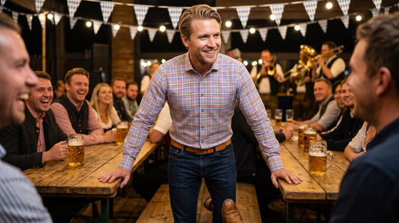 What to wear to Oktoberfest UK men: a guest in the Claudio Lugli gingham check shirt with pink insert leaning on a bierkeller table under festoon lights