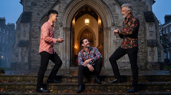 Gothic wedding guest outfit men: three guests at a chapel doorway at dusk - Nordic man in Pheasant & Rose, Latin American man in Floral Chandeliers, East Asian man in Baroque Legacy print shirt